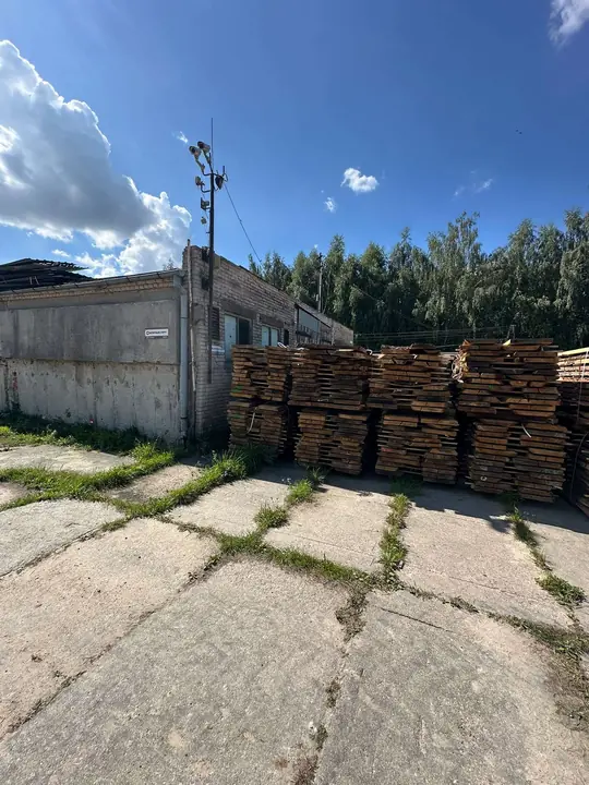 Rzędy pakietów tarcicy dębowej na betonowym placu